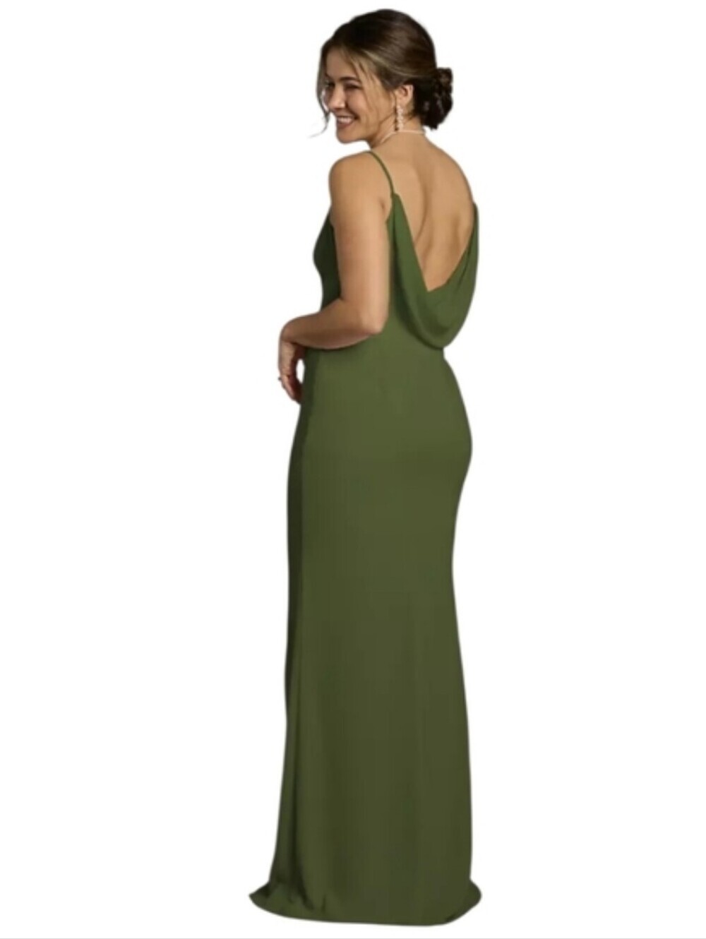 David's Bridal Chiffon Cowl Back V-neck Sheath Dress Martini Olive Color - Picture 5 of 14
